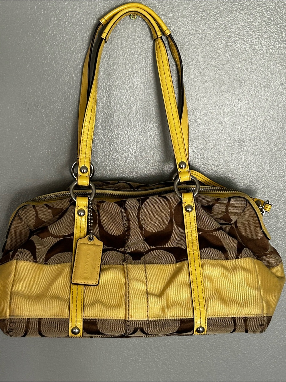 Coach Signature Stripe Satchel Khaki Yellow Canvas Bag F13551 Y2K Vintage 2009